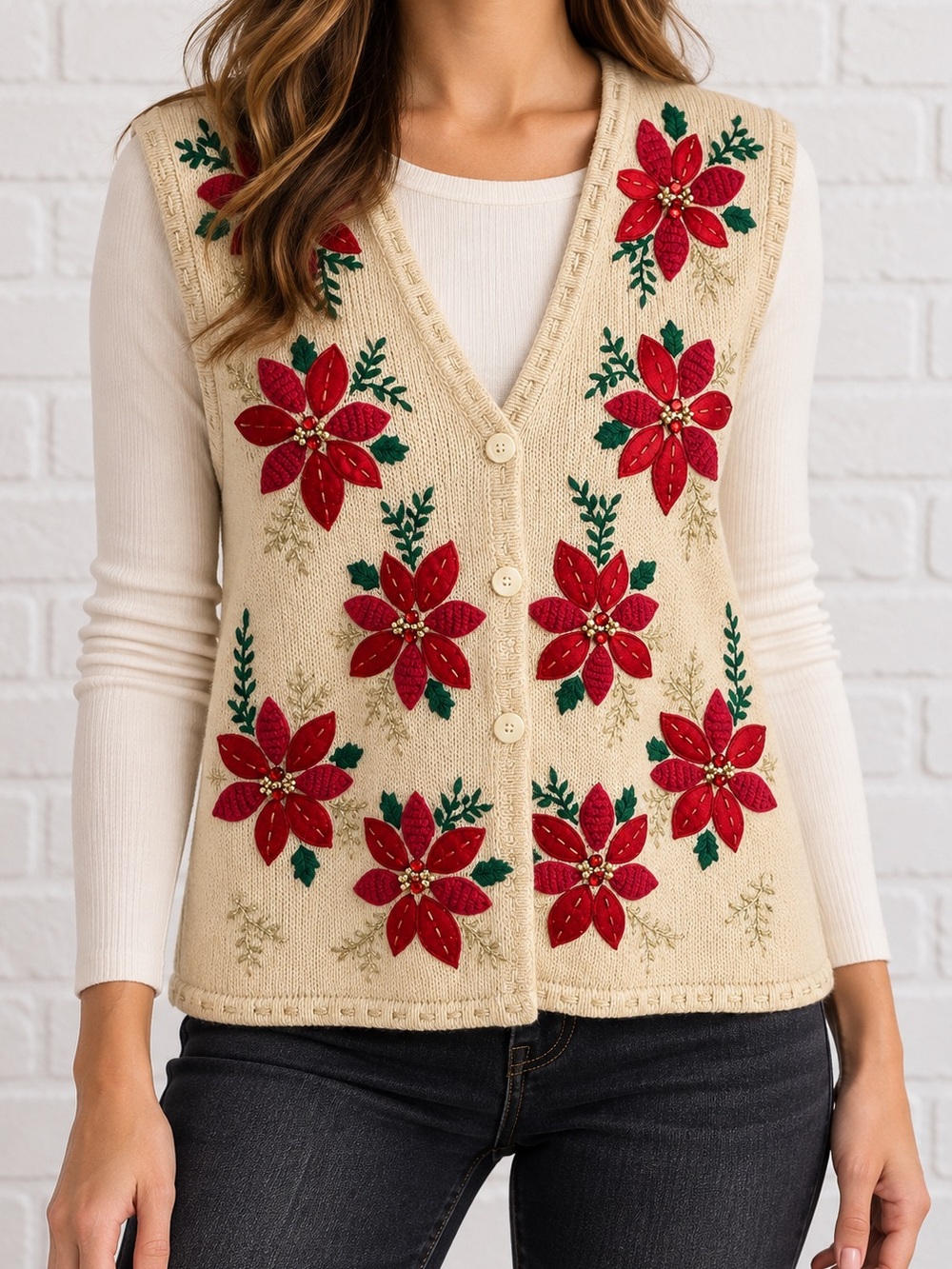 Vintage Bobbie Brooks Poinsettia Holiday Sweater Vest M Sequins Ramie Cotton